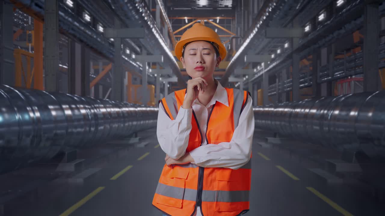 Asian Female Engineer With Safety Helmet Thinking And Looking Around Then Raising Her Index Finger While Standing With Metal Pipes