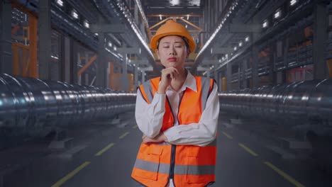 asian female engineer with safety helmet thinking and looking around then raising her index finger while standing with metal pipes
