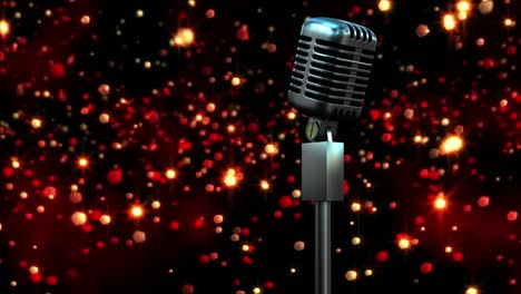 Animation-of-flying-glowing-red-lights-over-microphone-on-dark-background