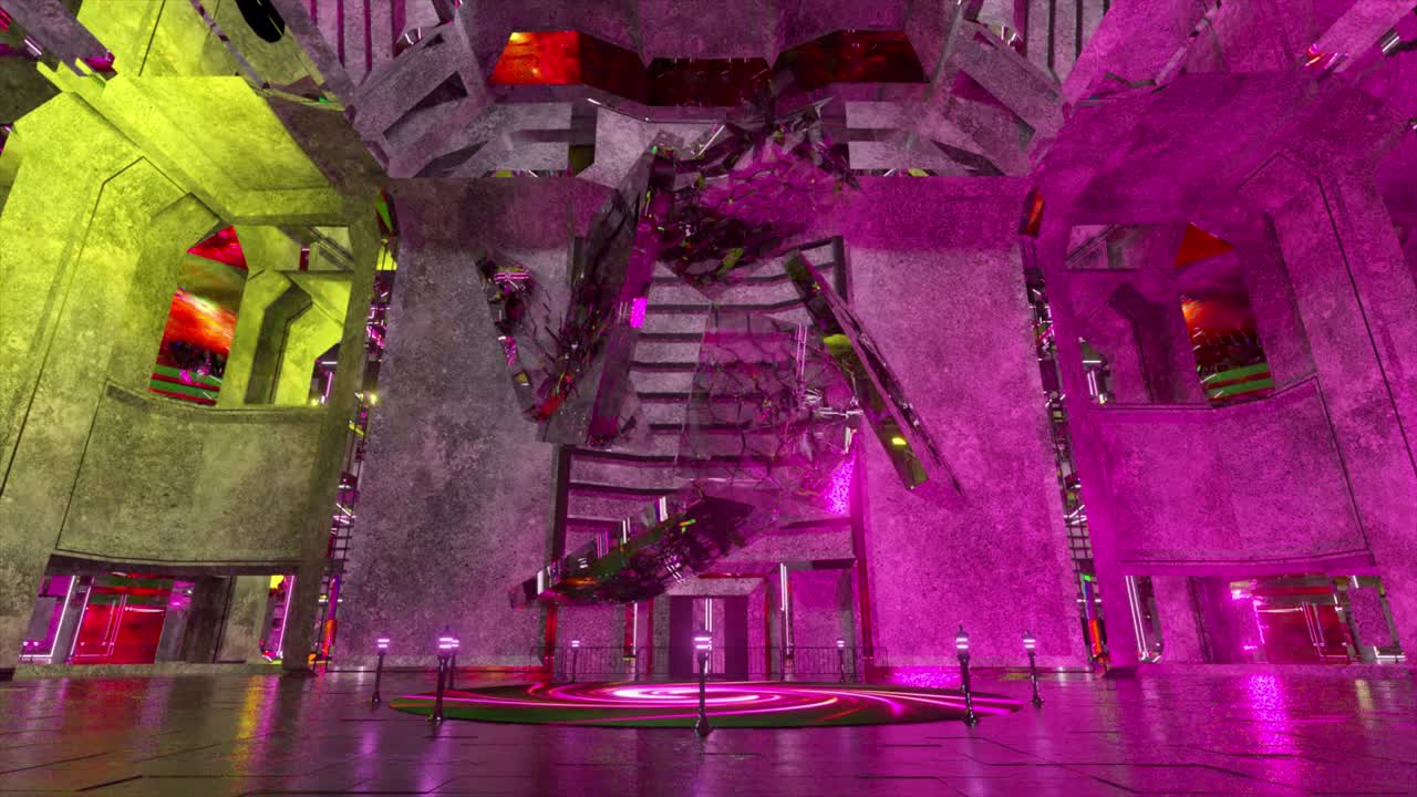 el cubo de espejo se transforma en gravedad cero. color verde rosa. animación 3d de un bucle sin costuras