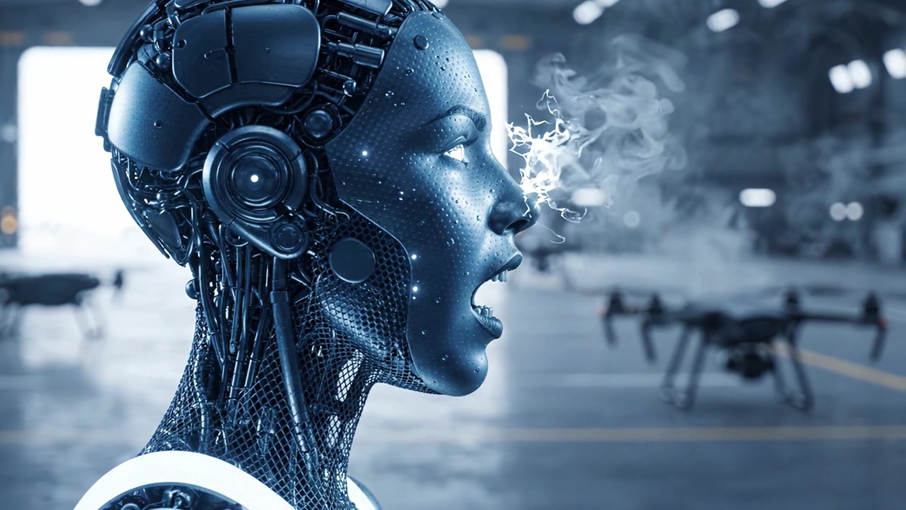 A futuristic robotic head depicting advanced artificial intelligence exhibits extraordinary features while interacting with drones in a technologically advanced environment.