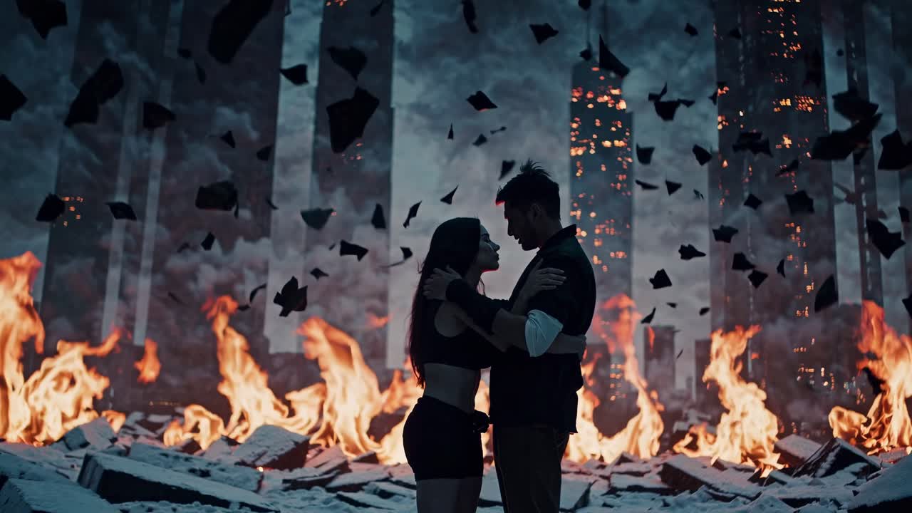 은 종말 이후의 파괴 속에서 포옹합니다.