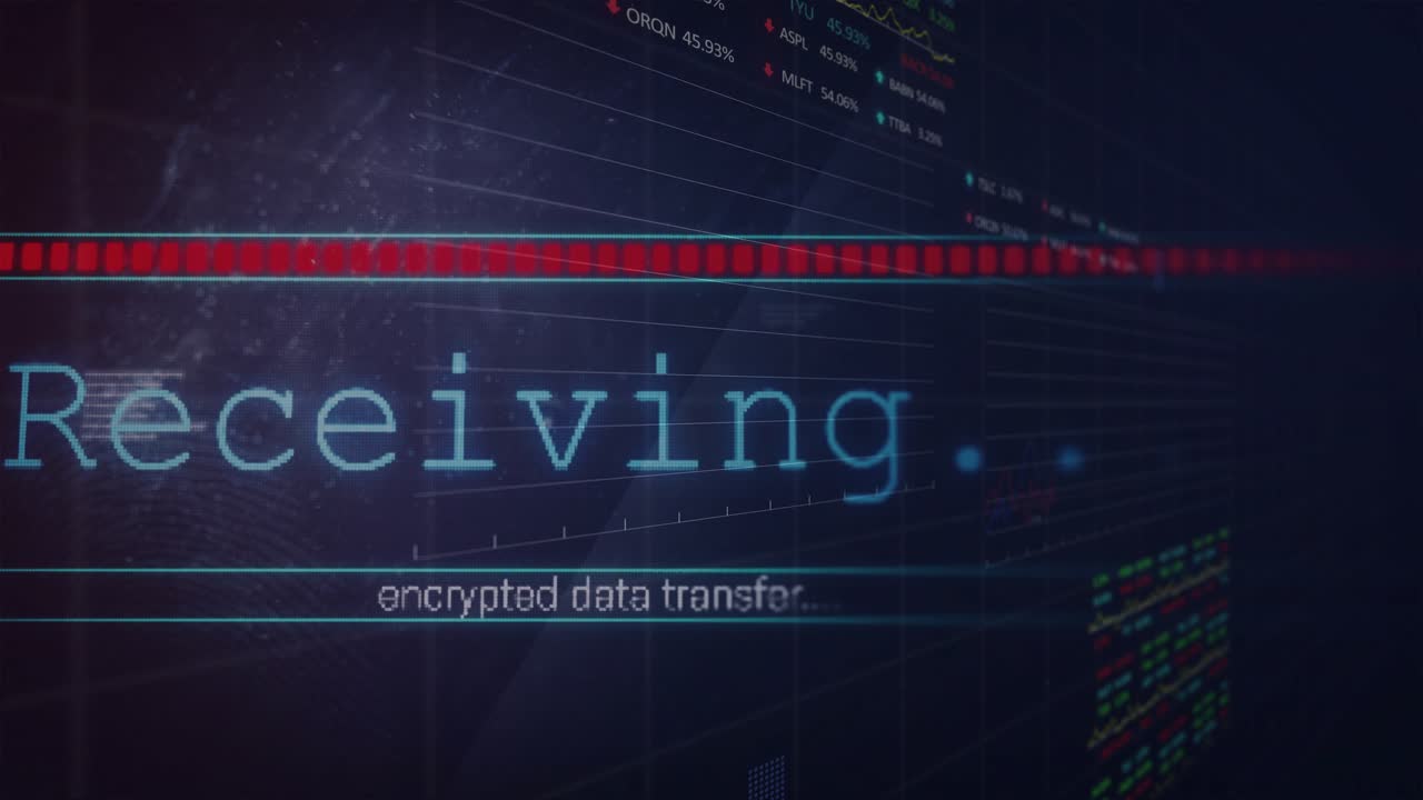 Grid animating red blocks scanning text forming Receiving encrypted transfer pulsing chart updating