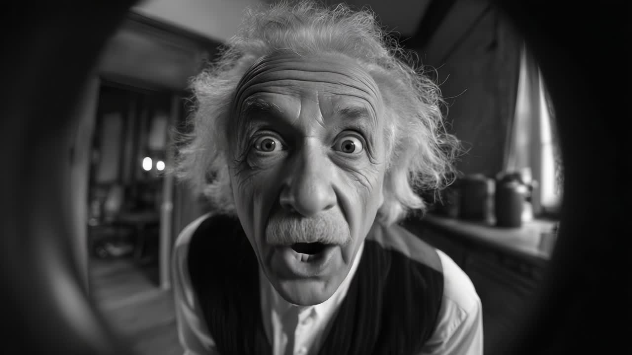 Uno scienziato curioso che scruta attraverso una porta con espressioni intriganti, catturato in due fotogrammi di una sequenza video giocosa