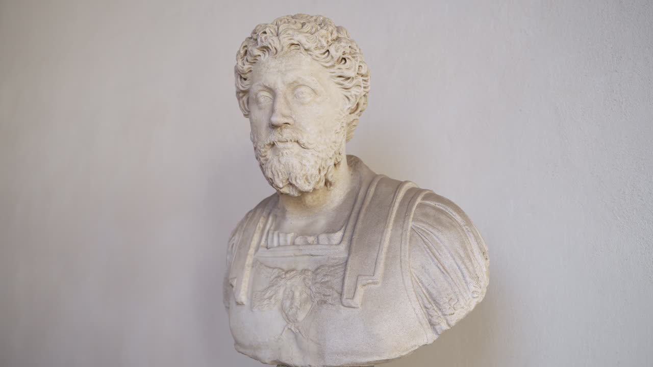 Slow pan around historic marble bust of Roman Emperor Marcus Aurelius, leader of ancient Rome and Stoic philosopher.