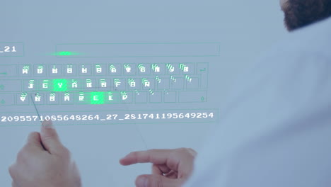 animación de números procesamiento de datos sobre hombre de negocios usando tableta.