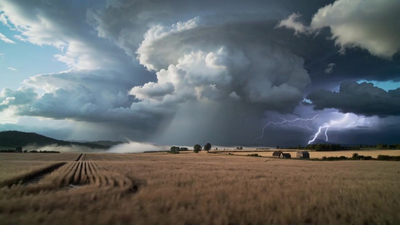 En mørknende himmel driver en stormcelle med en tiltagende regnsøjle over en gylden hvedemark, med blinkende lyn.