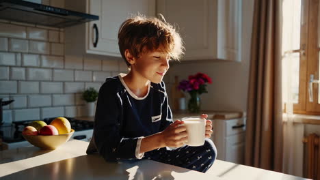 young boy drinking milk in a sunlit kitchen