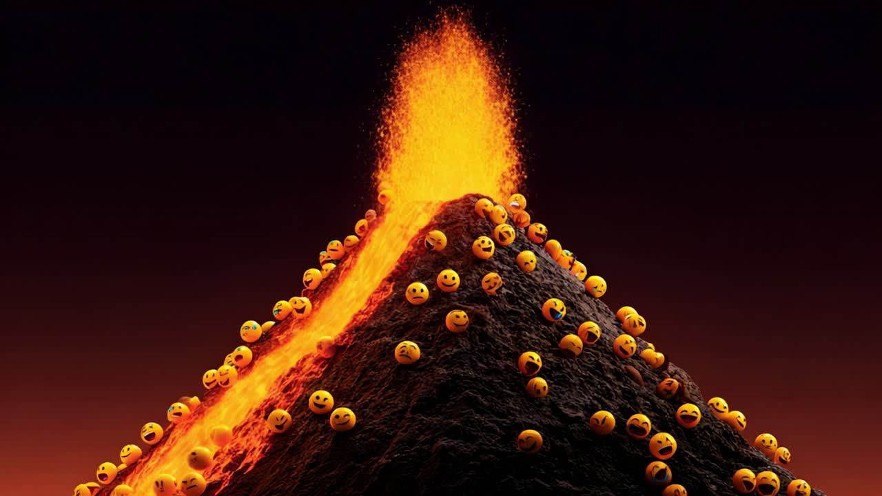 A whimsical eruption of joy emanates from a vibrant volcanic mountain, crowned with a cascade of smiling faces that roll joyfully down its fiery slopes against a dramatic twilight sky
