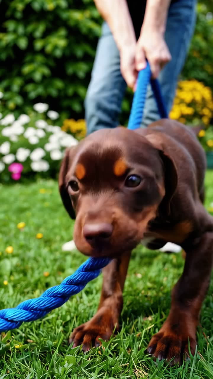 Playful brown puppy on a leash in a garden