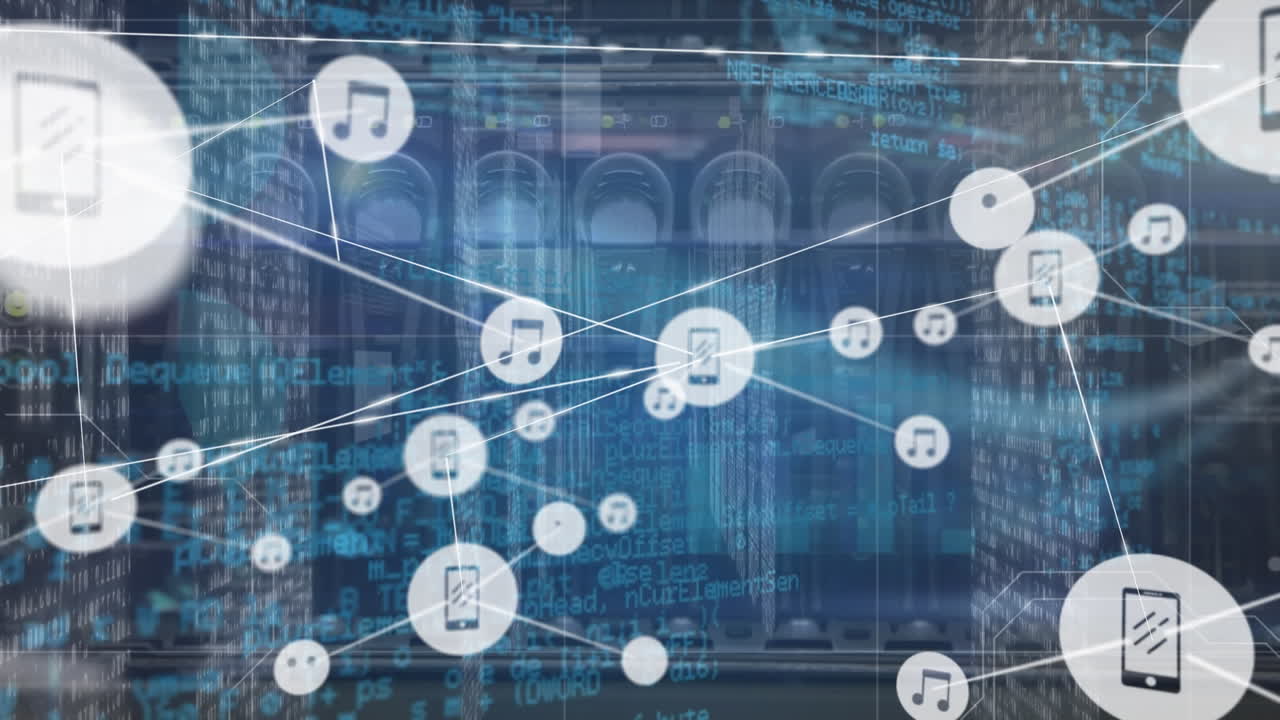 Animation of network of connections with icons over computer servers