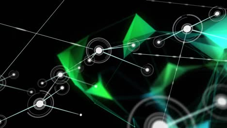 Animation-of-network-of-connections-over-blue-and-green-geometrical-shapes