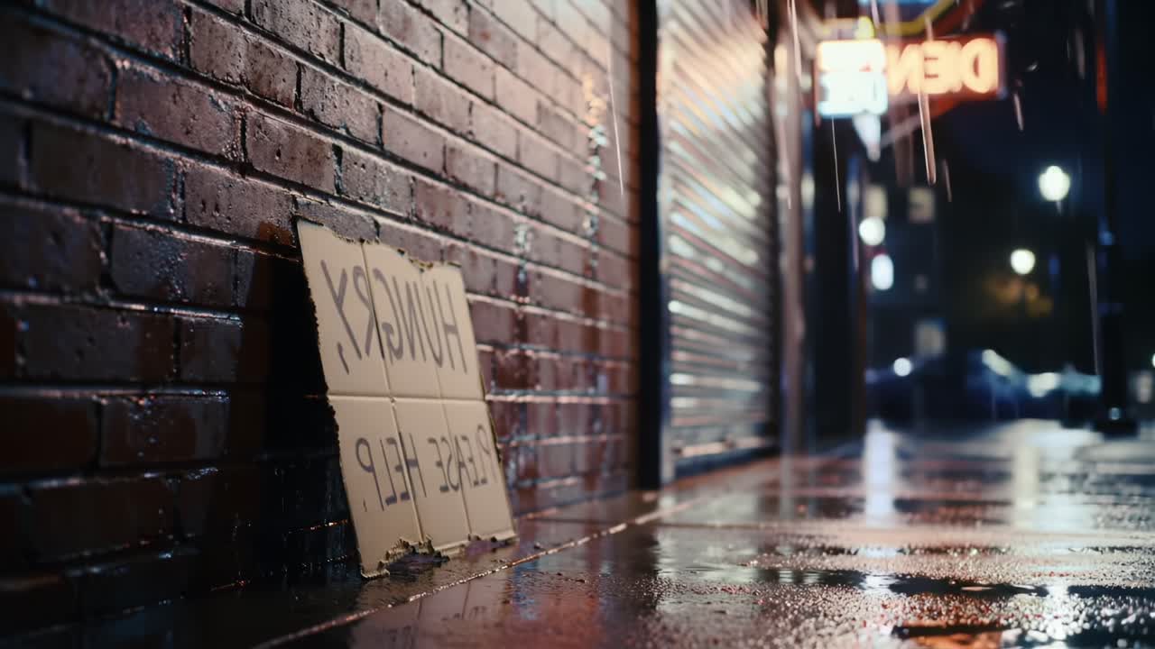 Un solitario cartello di aiuto lasciato su un marciapiede bagnato riflette la quieta disperazione della vita urbana, incarnando temi di solitudine, speranza e la ricerca di supporto della community durante una notte piovosa.