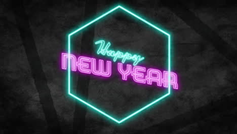 glowing neon hexagon with happy new year animation on dark background