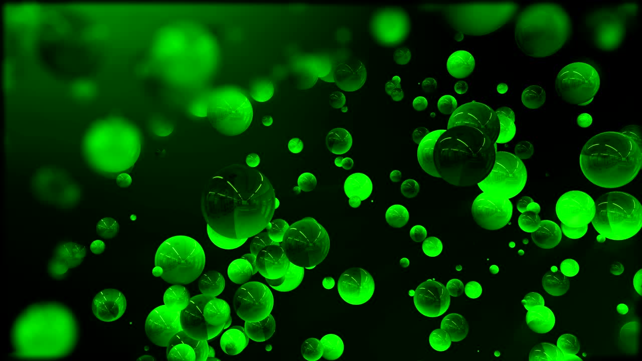 카메라를 향해 날아다니는 밝은 반이는 녹색 구.