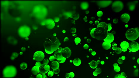 esferas verdes brillantes que vuelan hacia la cámara.
