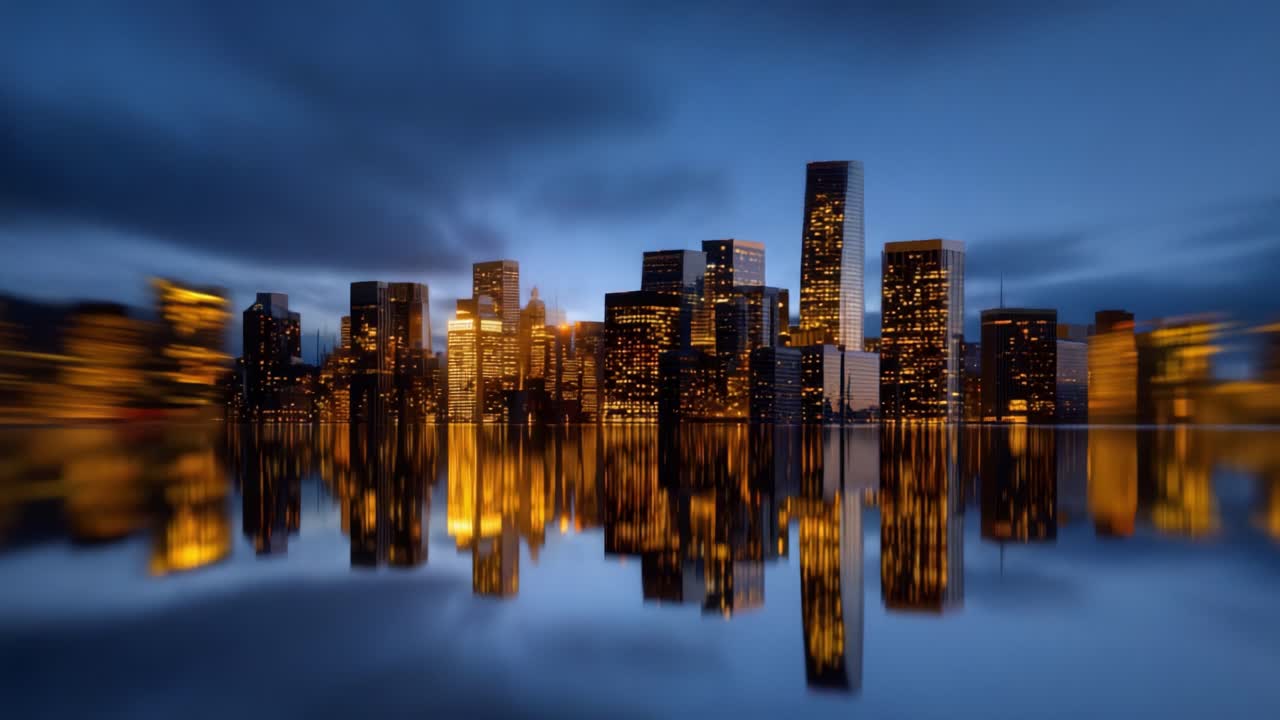 Captivating Skyline: A Stunning Transformation from Daylight to Twilight Over a Gleaming Cityscape Reflecting Its Brilliant Lights in Water