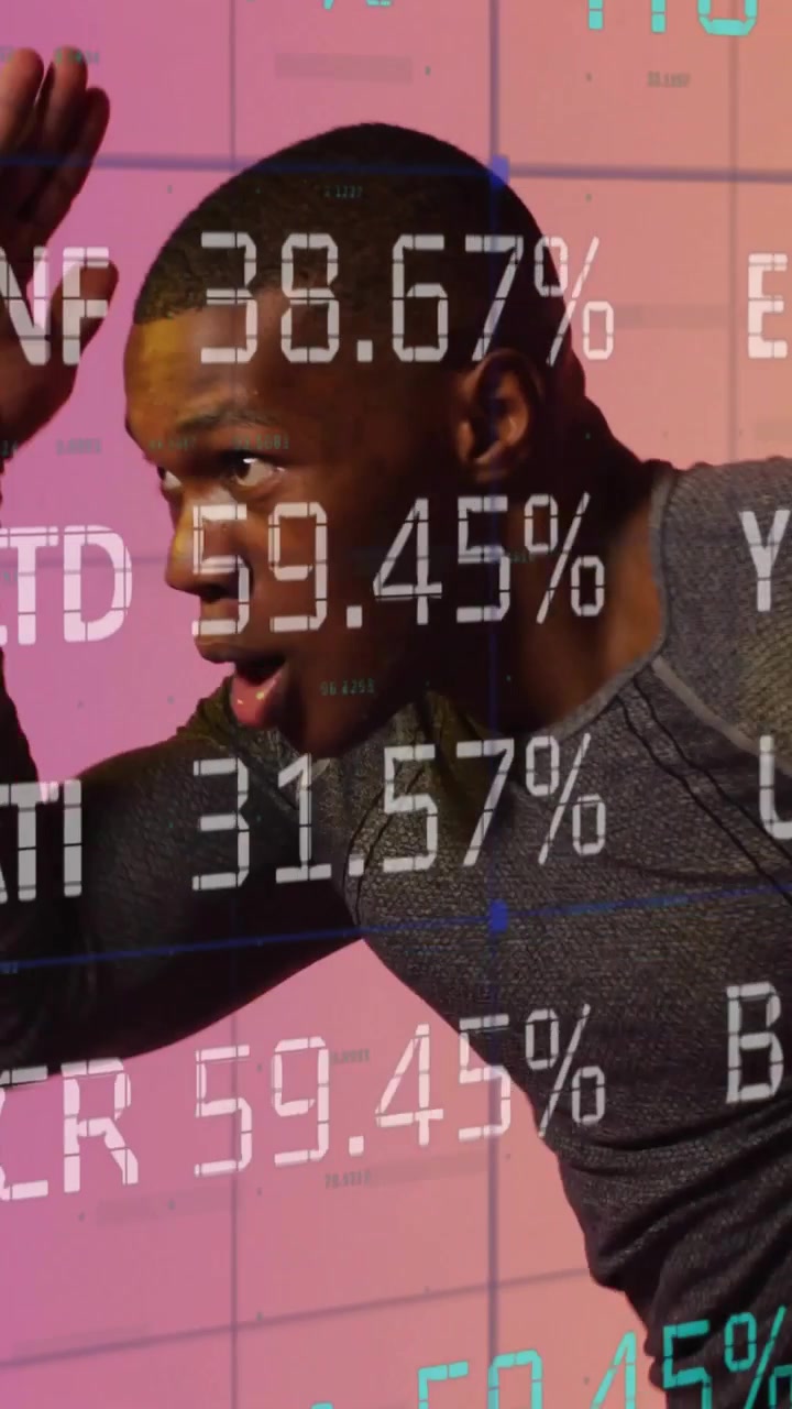 Vertical video: Man cupping hands, activating finance ticker on pink grid while testing focus