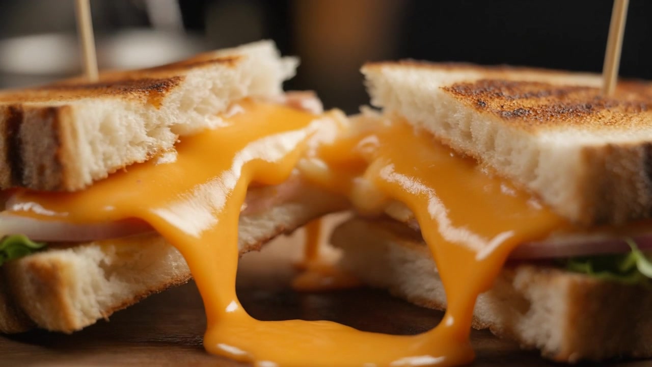 Melting Cheese Pull from a Toasted Ham and Vegetable Sandwich