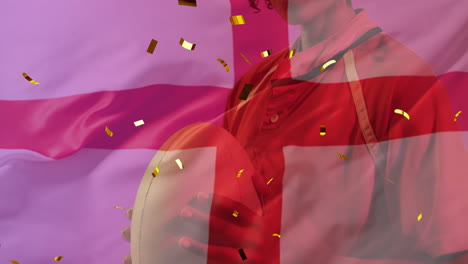 animación de confeti y bandera de inglaterra sobre una jugadora de rugby biracial