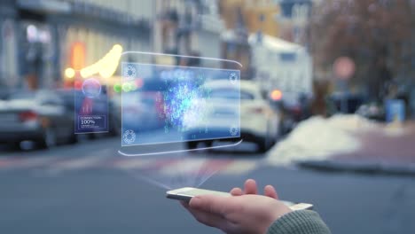 manos femeninas interactúan hud holograma ciudad moderna