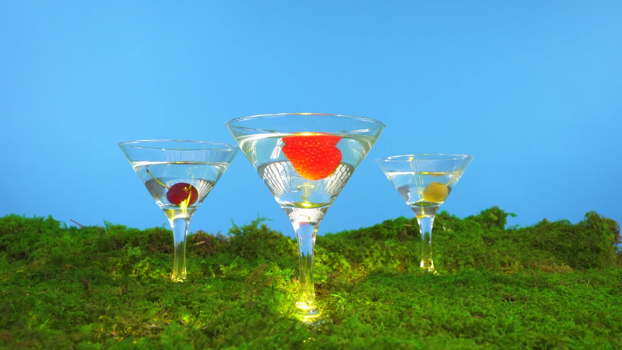 모스 위에 놓인 마르티니 컵은 세 개의 마르티니어 컵으로 나어져 있으며, 그 안에 딸기, 체리, 올리브 파란색 바탕을 포함하여 다양한 과일이 은 영혼에 떨어집니다.