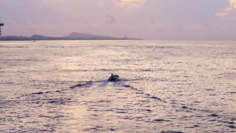 Rear-view-static-of-small-fishing-boat-entering-open-ocean-passing-large-cruise-liner,-wake-trails-behind