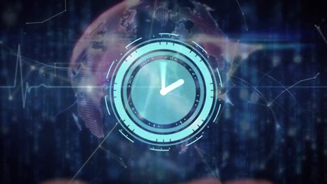 animación de reloj de neón y globo de redes de plexo girando contra rastros de luz azul