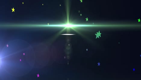 Animation-of-multi-coloured-stars-falling-on-blue-background-with-glowing-light