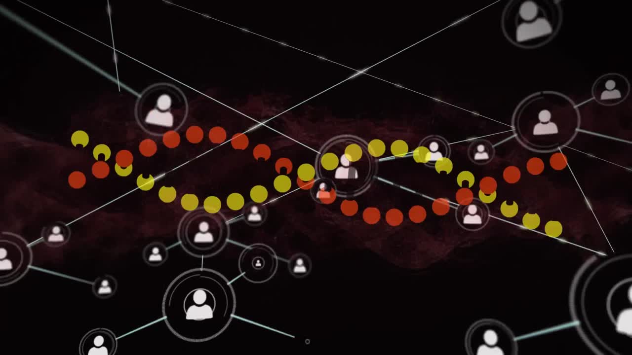 Animation of dna strand spinning over network of connections with people icons