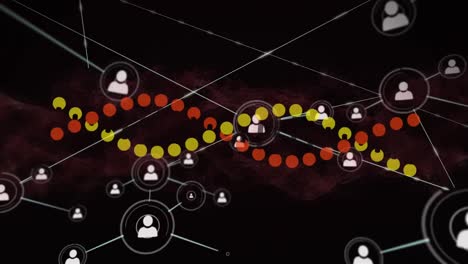 animación de la cadena de adn girando sobre la red de conexiones con los iconos de las personas