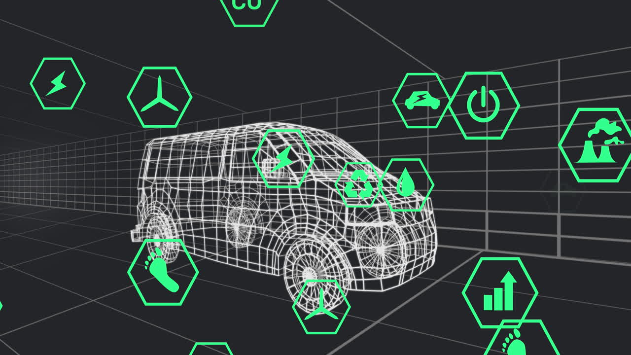 animación de la interfaz digital del coche y los iconos eco sobre el modelo 3d del coche