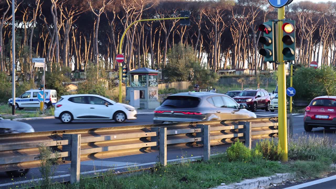 Busy City Intersection with Police Officer Directing Traffic