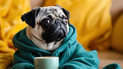 a pug dog wrapped in a blanket with a cup of coffee