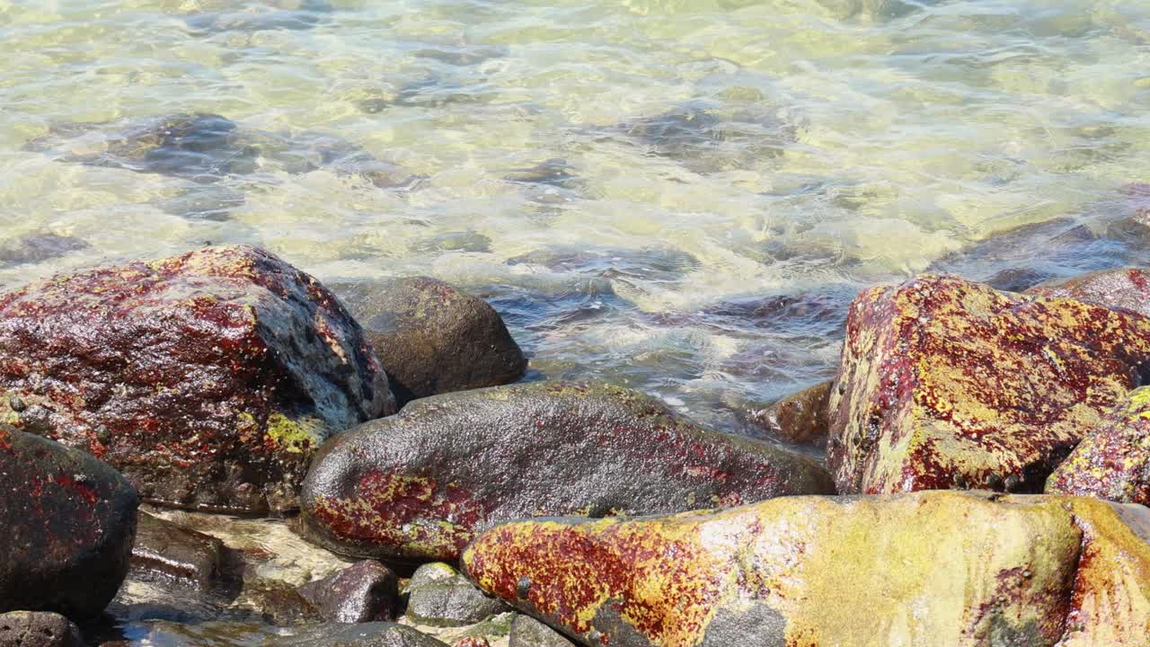 Gentle waves wash over red algae-covered rocks, creating a serene coastal scene in Phuket, Thailand