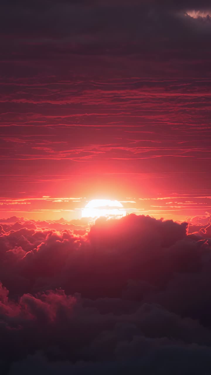 Vertikales Video: Aufgehende Sonnenscheibe beleuchtet Wolken am Horizont und erzeugt rote und pinke, geschichtete Bänder