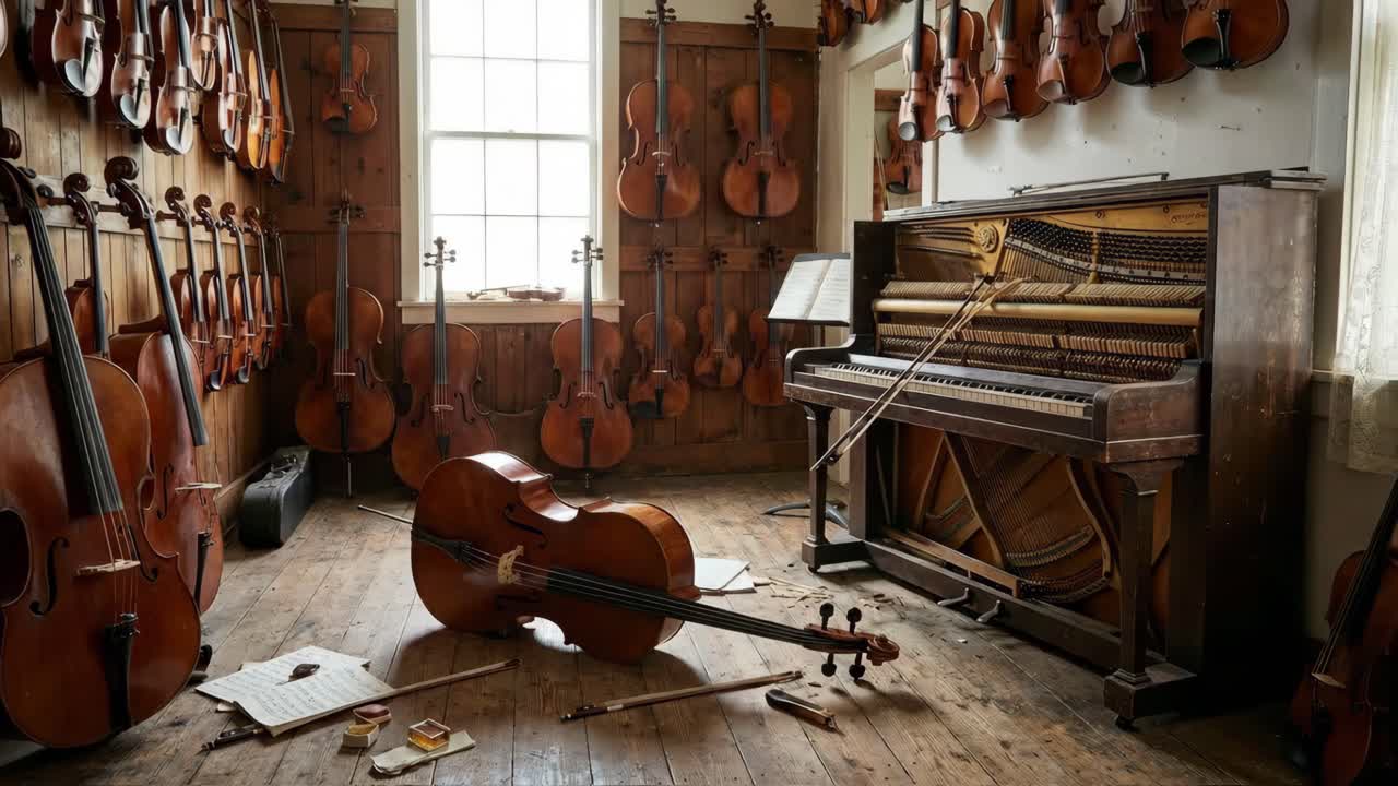Collection of Musical Instruments: Cellos, Violins, and Piano