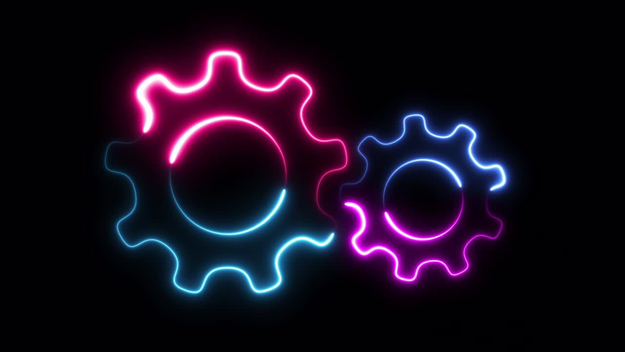 dos engranajes de neón girando animación en fondo negro. girando ruedas dentadas video.