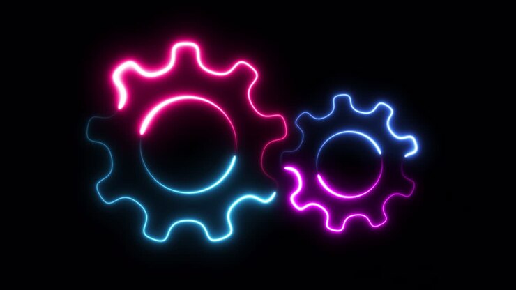 Two neon spinning gears animation on black background. Spinning cogwheels video.