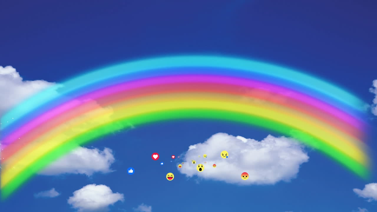 iconos emoji volando sobre el cielo con arco iris