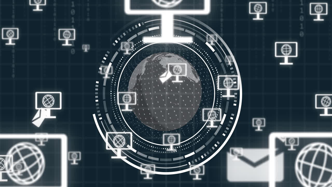 Animation of globe with icons and data processing over dark background