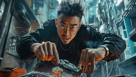 a man working on a futuristic device in a workshop