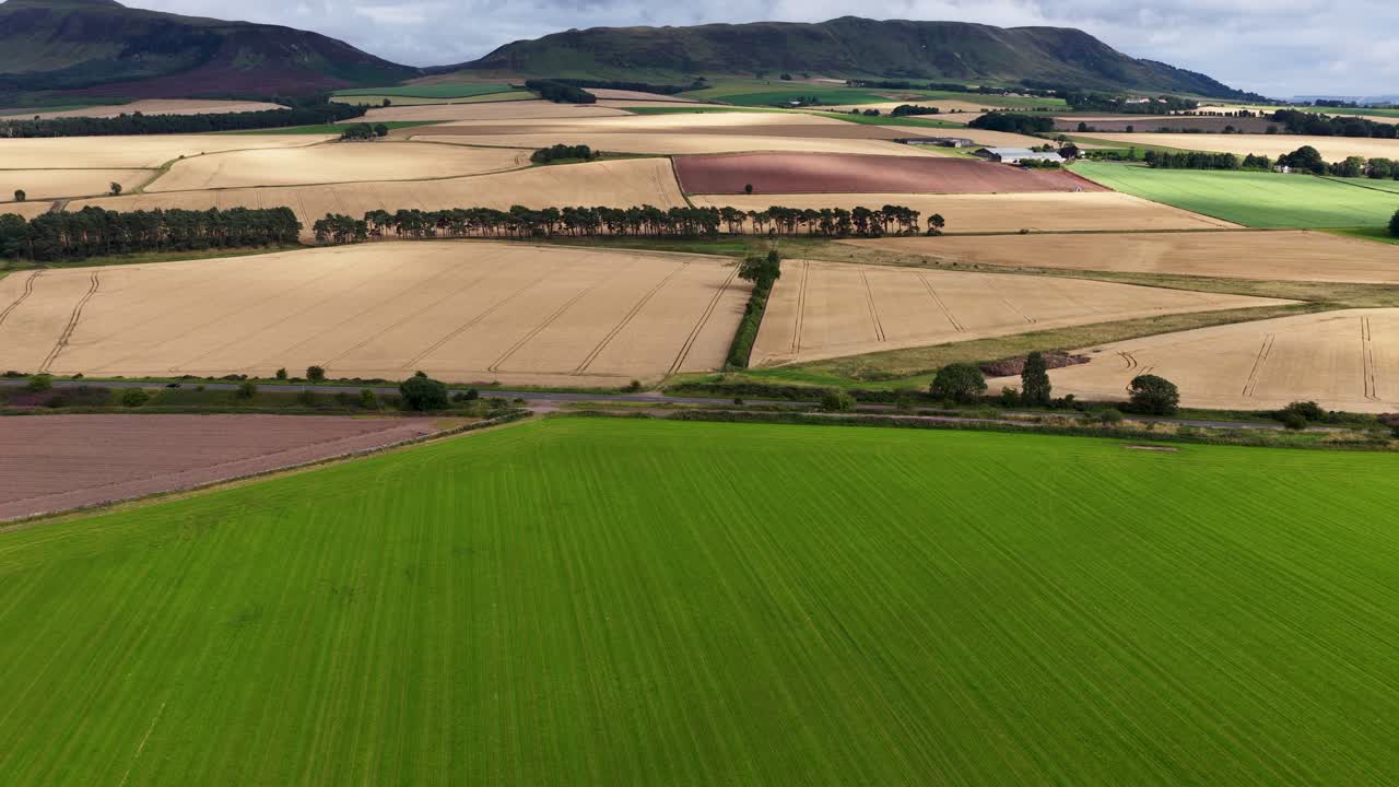 Drone camera glides over patchwork fields and rolling hills in Kinross, Scotland, under soft daylight with wide, steady landscape views