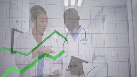 two doctors standing side by side in modern hospital corridor, overlaying green medical line graphs
