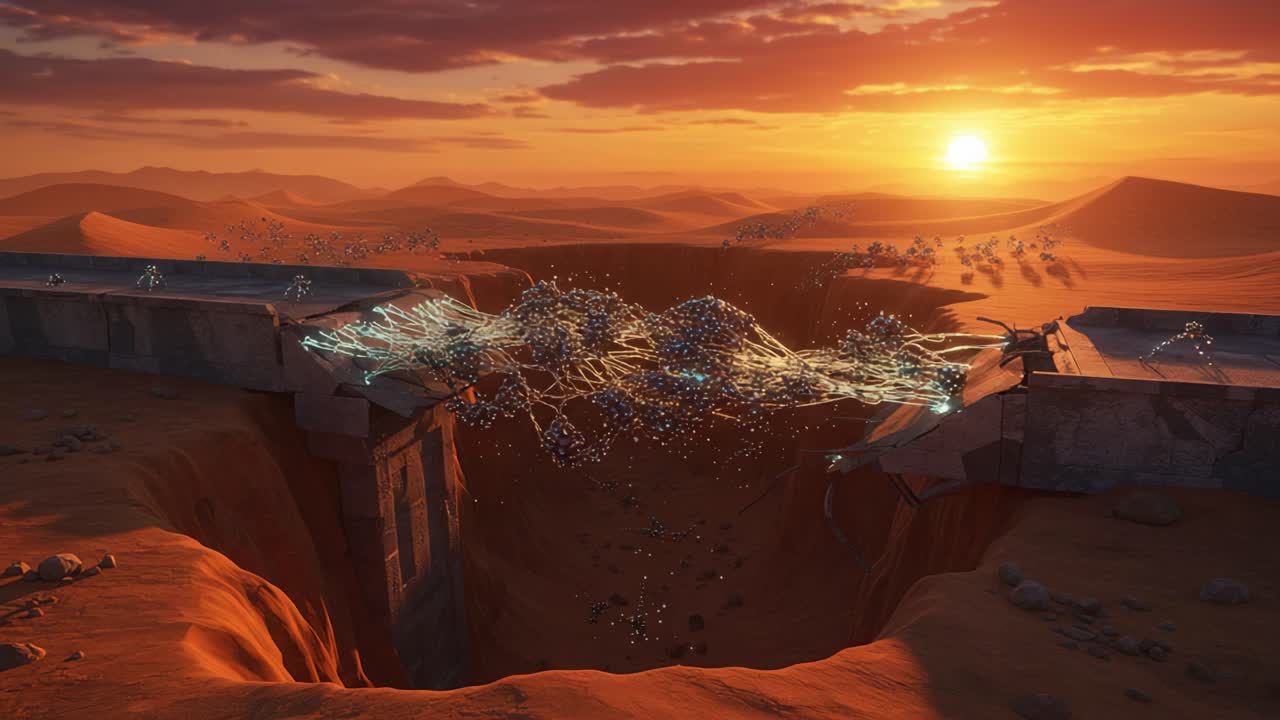 A breathtaking view of a sunset over a vast desert canyon, showcasing an intricate web of glowing connections bridging the chasm, symbolizing unity and exploration