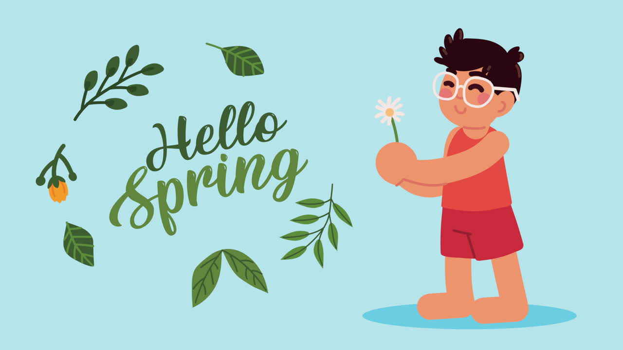 Hello Spring - Cartoon Boy with Flower