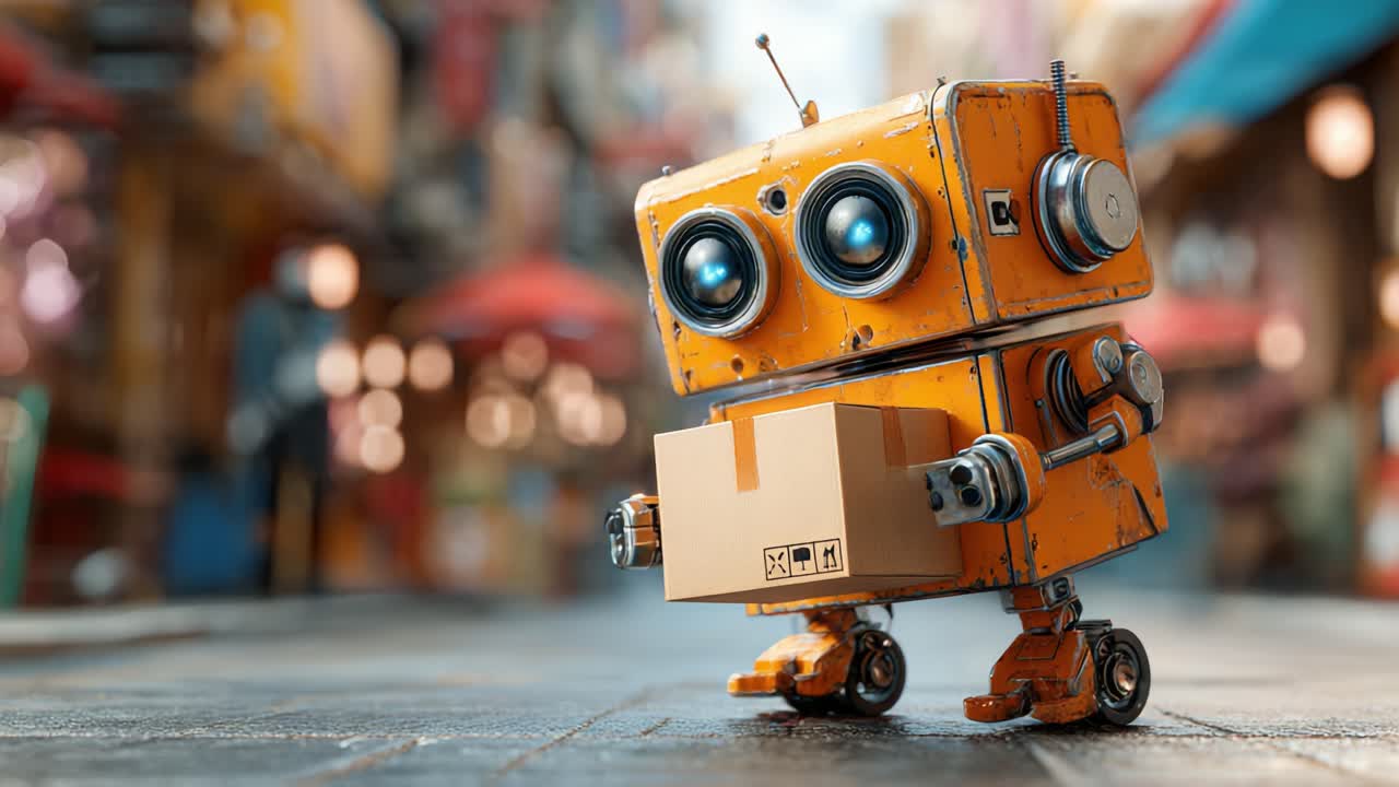 A Charming Little Robot with Big Blue Eyes and a Package, Captured in a Vibrant Market Scene Full of Colorful Details and Soft Lights Surrounding It