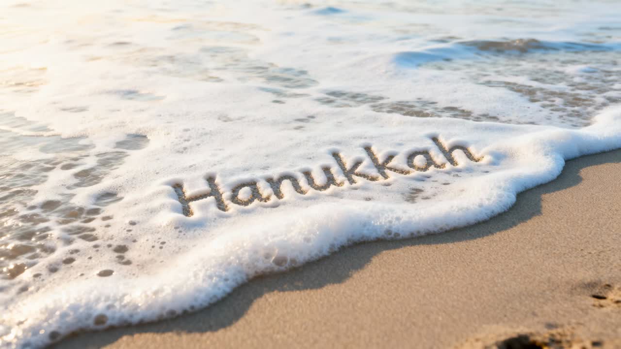Washing cursive Hanukkah inscription, incoming sea foam softening letters at shoreline, with prints