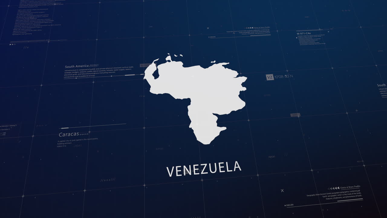Venezuela country map comes to life with cinematic panning, unveiling key details, the capital, and slogan, providing an engaging background for corporate and commercial use