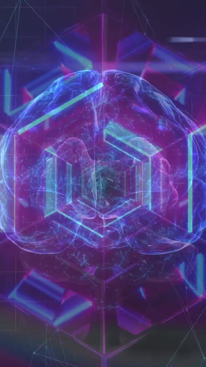 Rete di connessioni e cervello umano che ruotano sopra un tunnel blu luminoso in un motivo continuo.